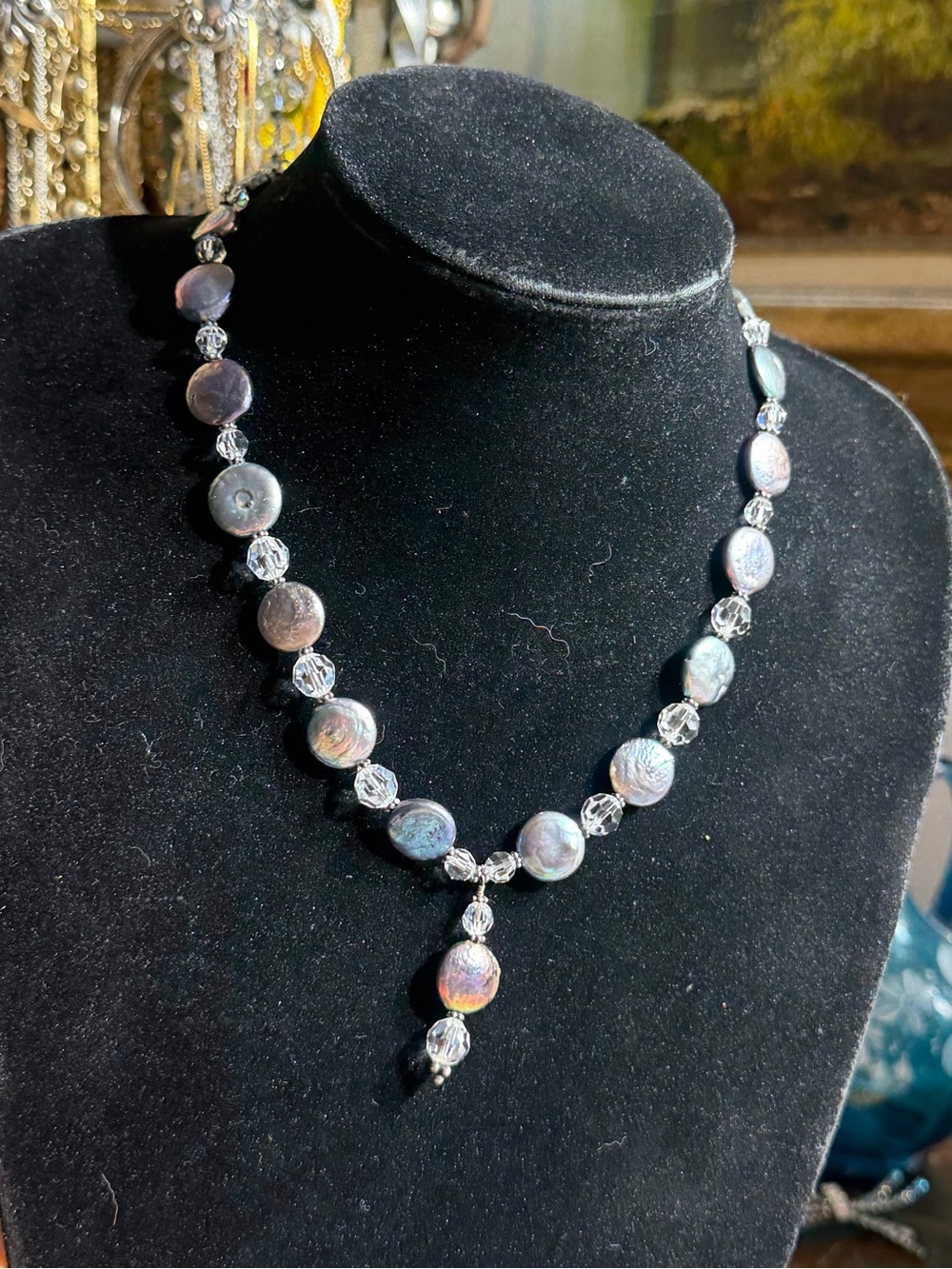 Vintage 925 Sterling Silver Crystal dark coin-shaped pearls Pendant Necklace